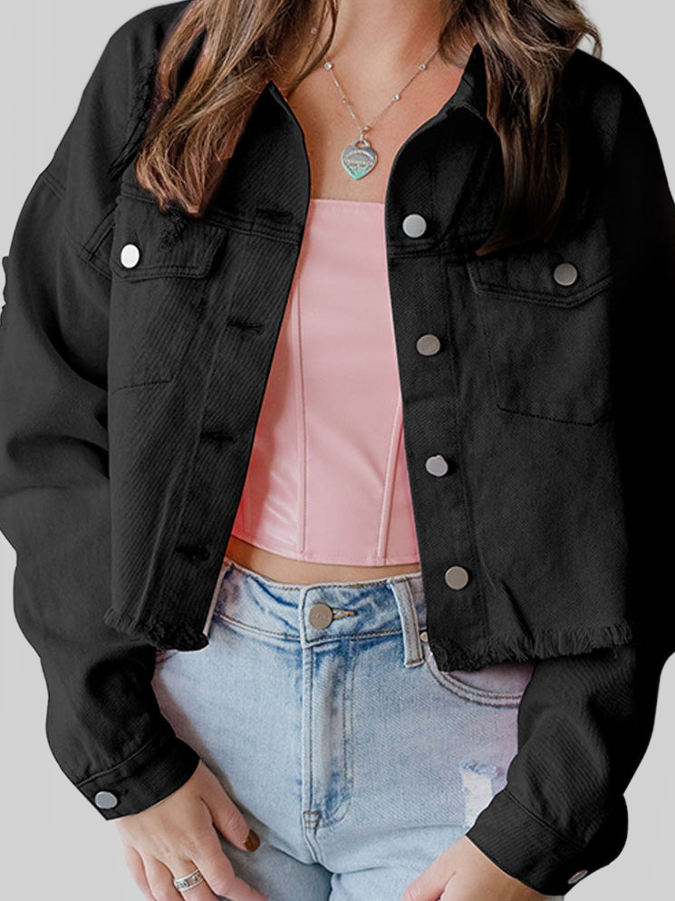 Women Distressed Raw Hem Dropped Shoulder Denim Jacket