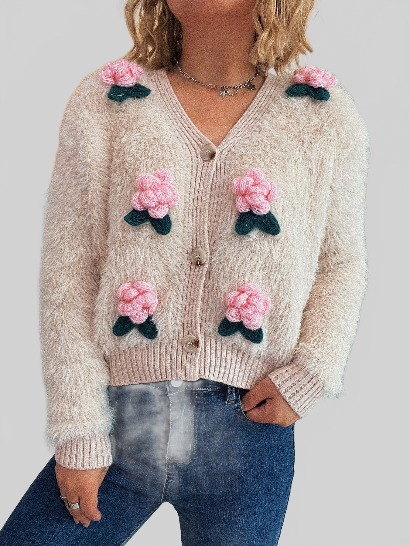 Cárdigan de mujer con botones de flores y peluche