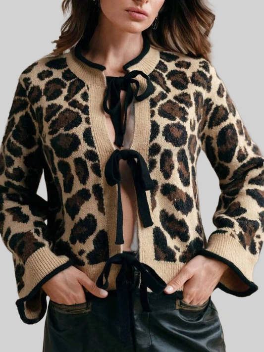 Cárdigan corto para mujer con estampado de leopardo y lazo frontal