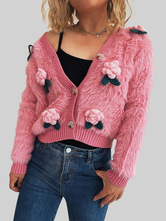 Cárdigan de mujer con botones de flores y peluche