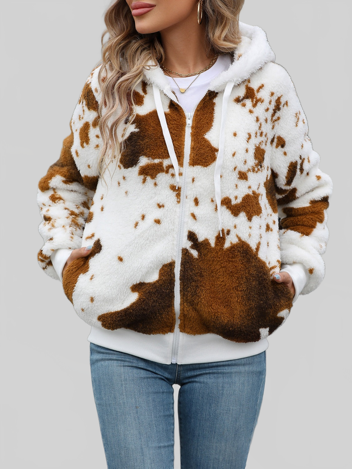 Fuzzy Drawstring Zip Up Hooded Jacket