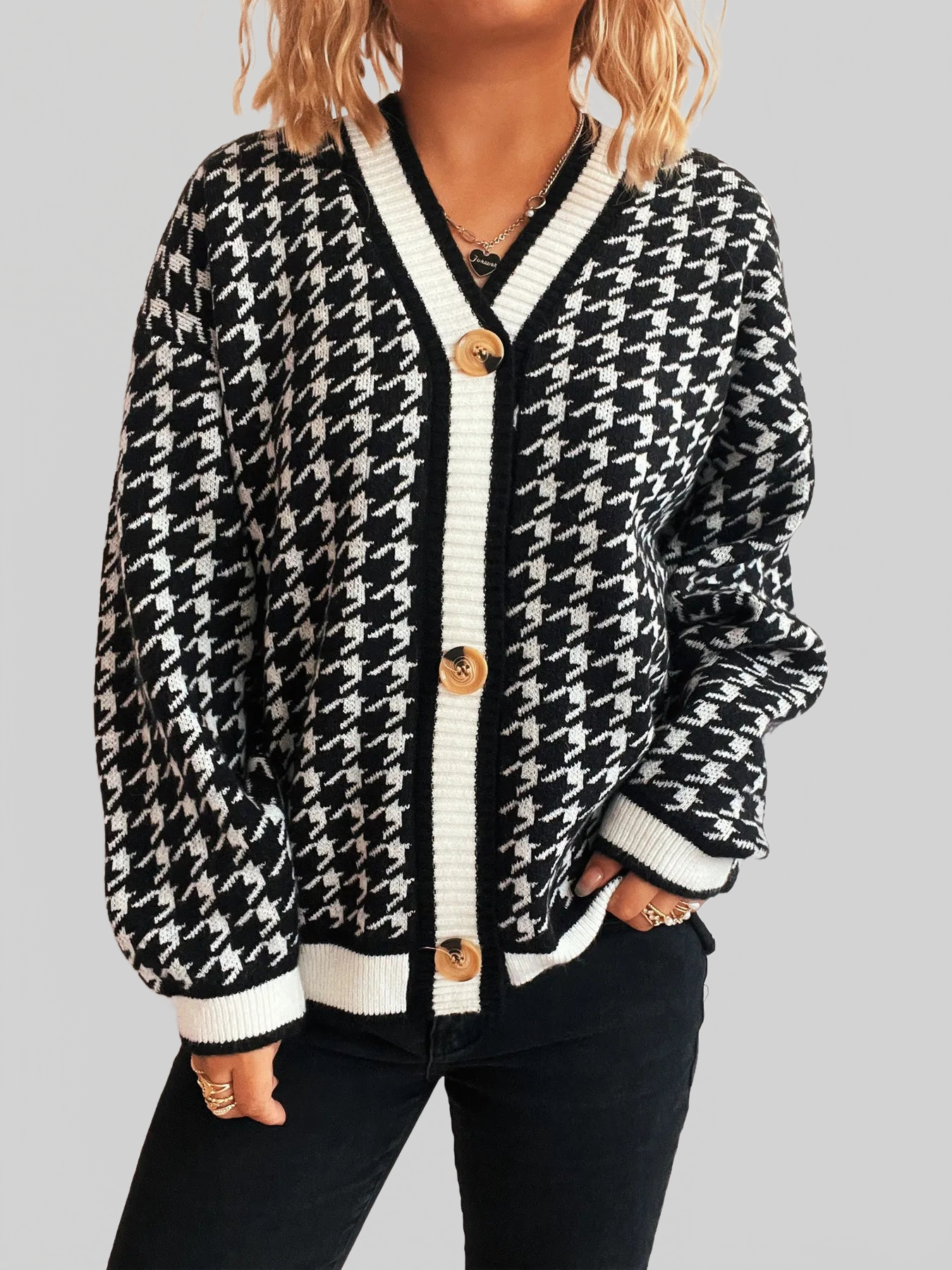Cárdigan de punto con cuello en V y botones con estampado de pata de gallo para mujer