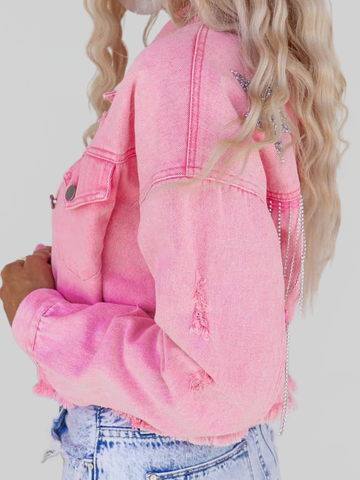 Women Distressed Raw Hem Dropped Shoulder Denim Jacket