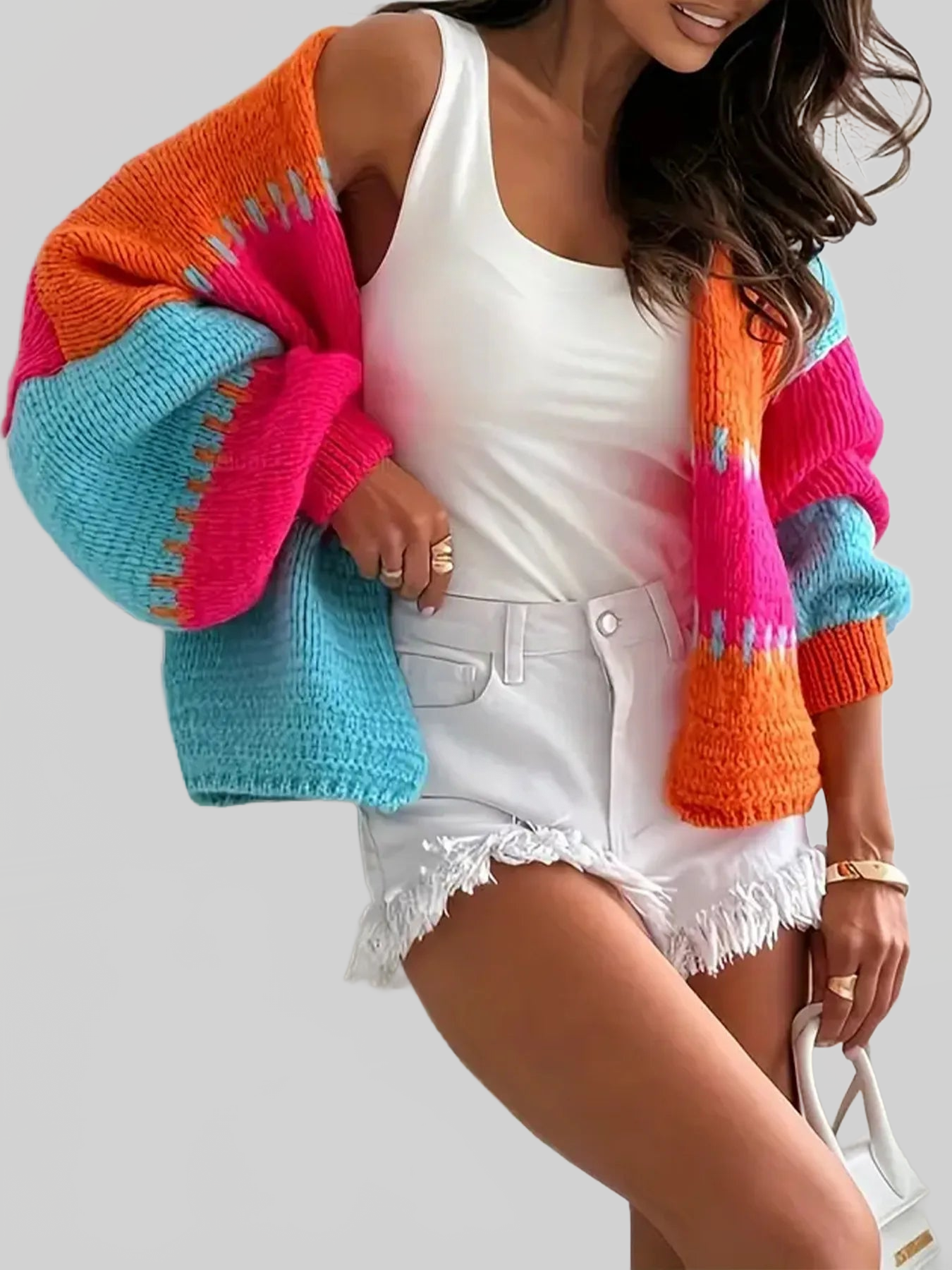 Women Color Block Drop Shoulder Cardigan Sweater