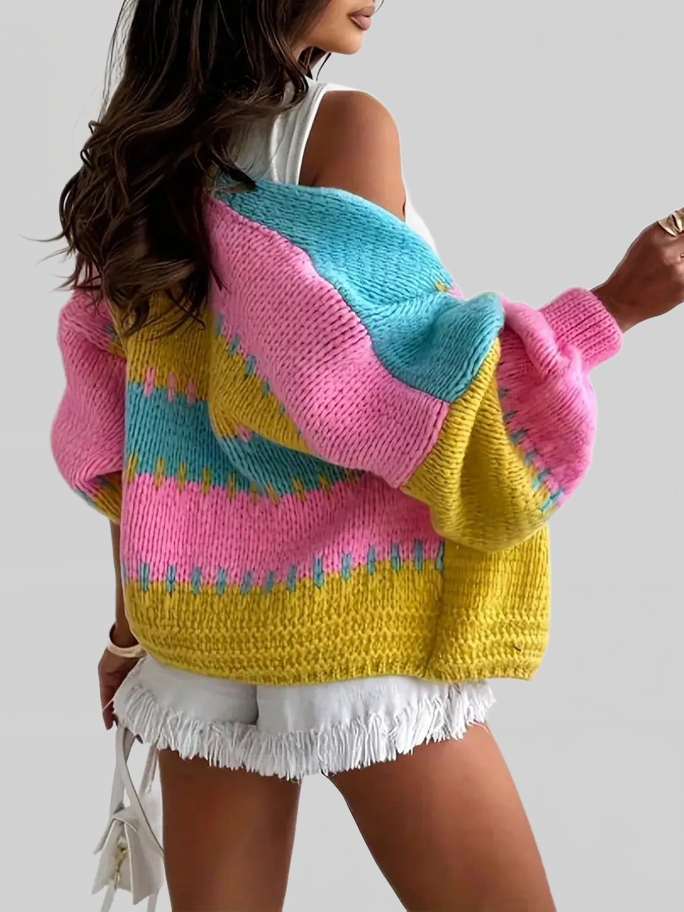 Women Color Block Drop Shoulder Cardigan Sweater