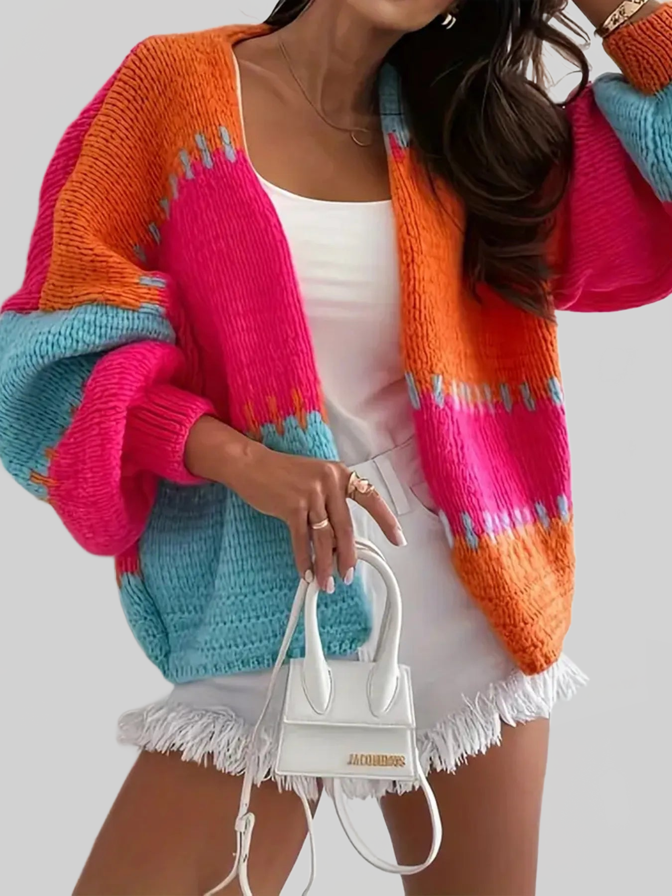 Women Color Block Drop Shoulder Cardigan Sweater