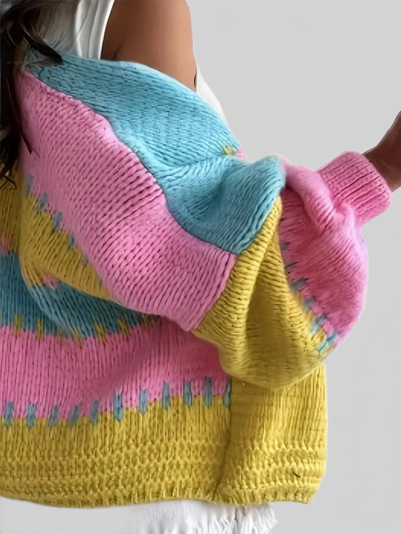 Women Color Block Drop Shoulder Cardigan Sweater