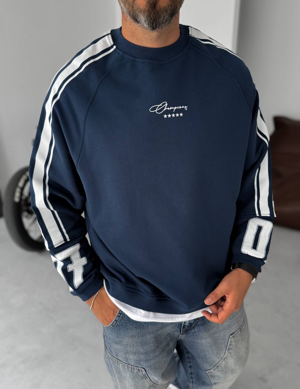 Sudadera Oversize Unisex con Rayas Universitarias