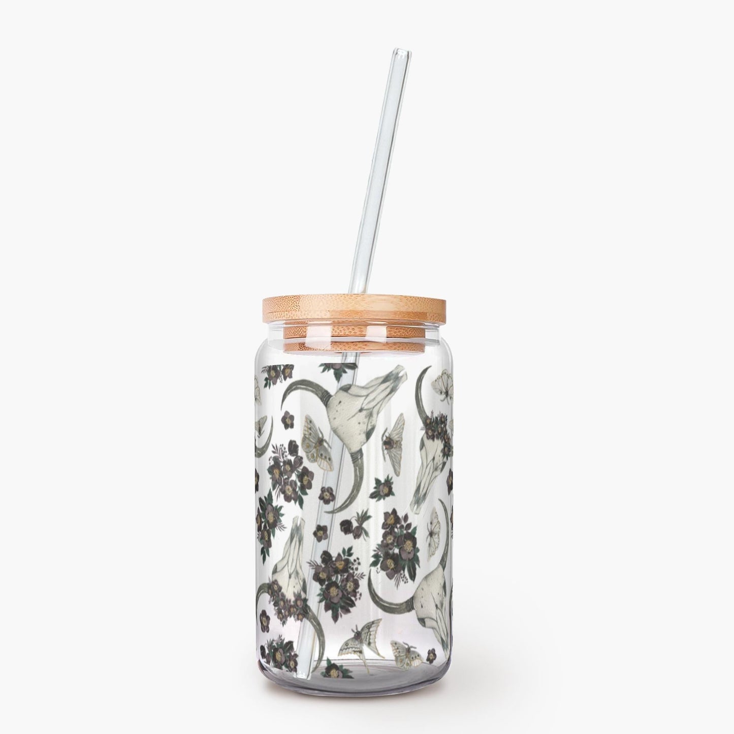 Boho Skull Moths Clear Glass With Lid and Straw