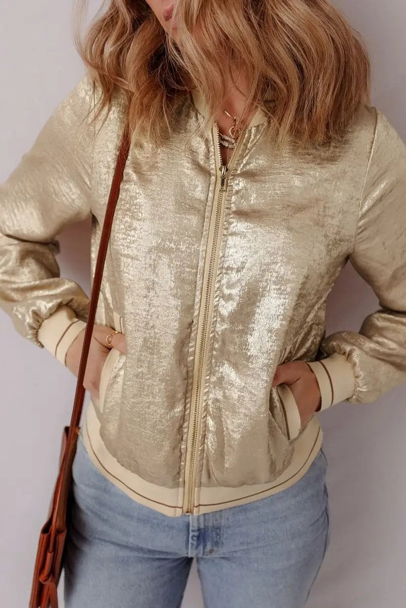 Women's Baseball Jacket - Khaki Metallic Zip-Up - Casual Fall