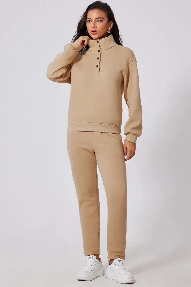 Love Salve Parchment Set Women's Loungewear Casual Solid Half Button Sweatshirt & High Waist Sweatpants