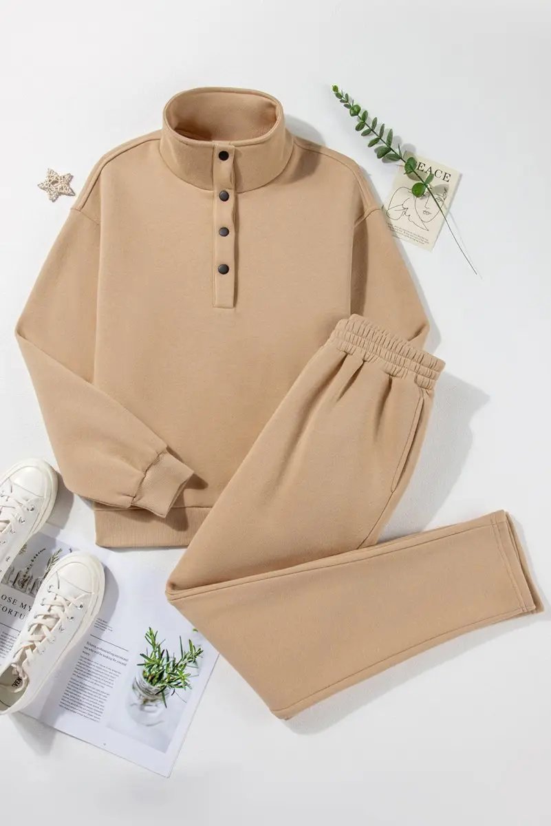Love Salve Parchment Set Women's Loungewear Casual Solid Half Button Sweatshirt & High Waist Sweatpants
