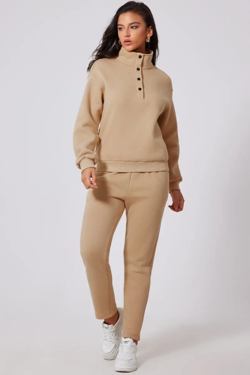 Love Salve Parchment Set Women's Loungewear Casual Solid Half Button Sweatshirt & High Waist Sweatpants