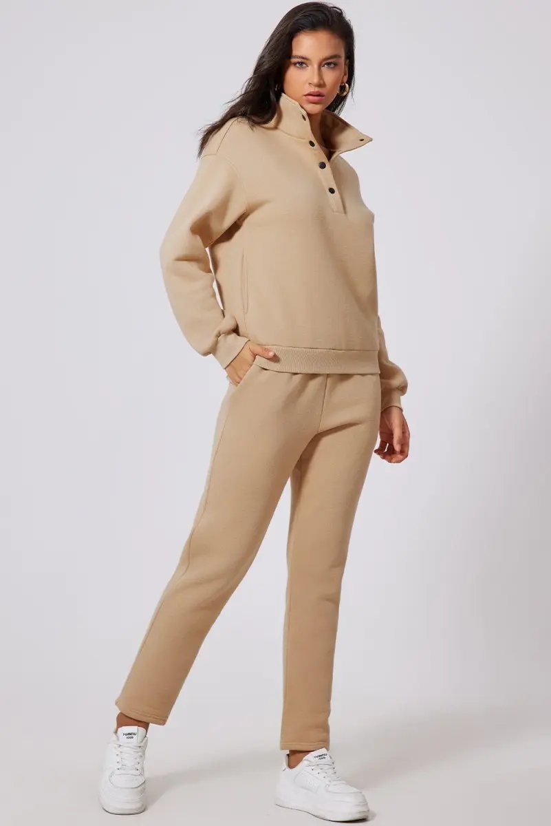 Love Salve Parchment Set Women's Loungewear Casual Solid Half Button Sweatshirt & High Waist Sweatpants