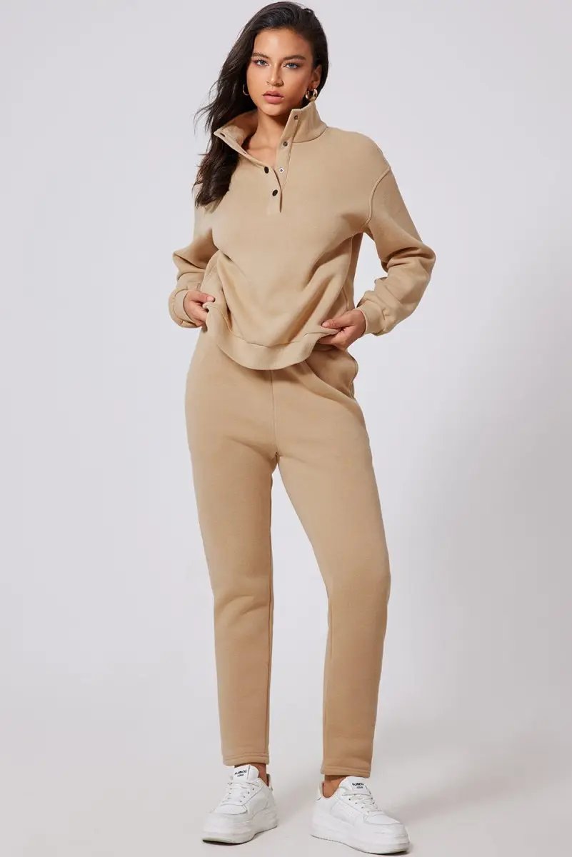 Love Salve Parchment Set Women's Loungewear Casual Solid Half Button Sweatshirt & High Waist Sweatpants
