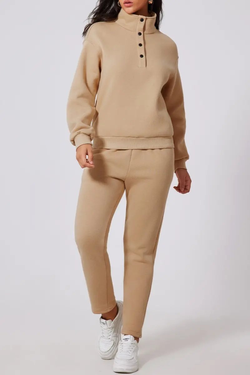 Love Salve Parchment Set Women's Loungewear Casual Solid Half Button Sweatshirt & High Waist Sweatpants