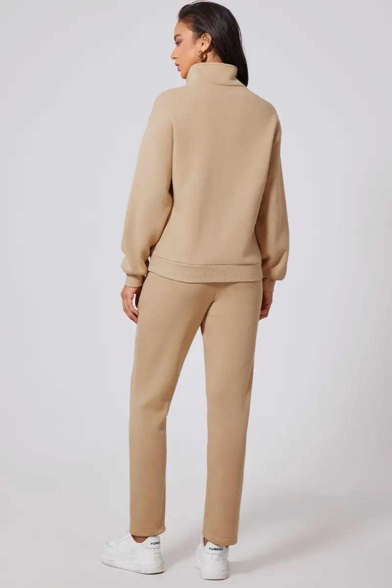 Love Salve Parchment Set Women's Loungewear Casual Solid Half Button Sweatshirt & High Waist Sweatpants