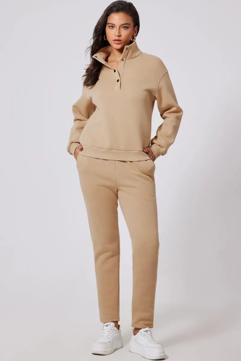 Love Salve Parchment Set Women's Loungewear Casual Solid Half Button Sweatshirt & High Waist Sweatpants