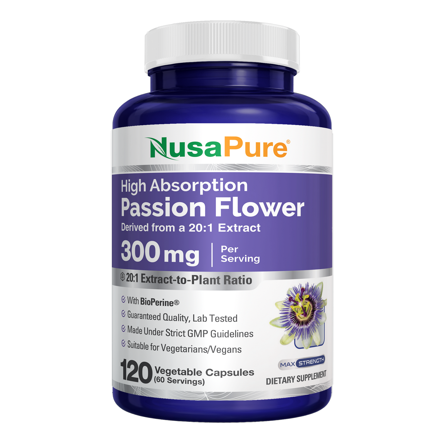 NusaPure Passion Flower 20:1 Extract, 300 mg, 120 Veggie Caps, Non-GMO, Bioperine, Extract Supplement