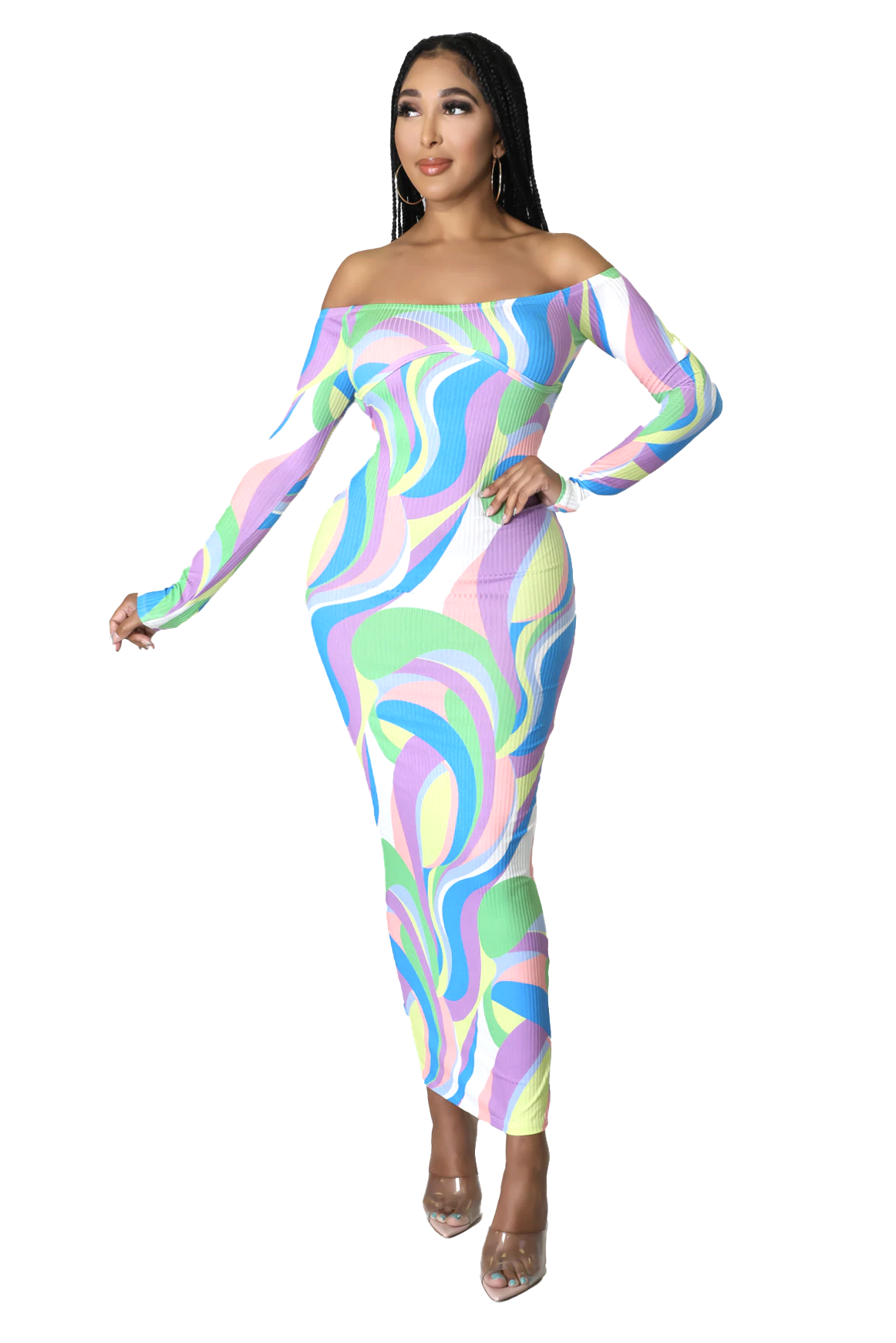 Vestido de manga larga acanalado multicolor con espalda descubierta