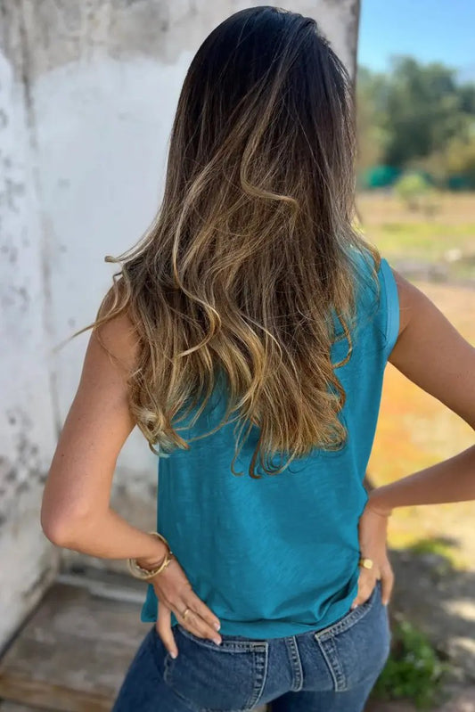 Camiseta de tirantes metálica azul "Love Salve" para mujer: brillante, con cuello redondo