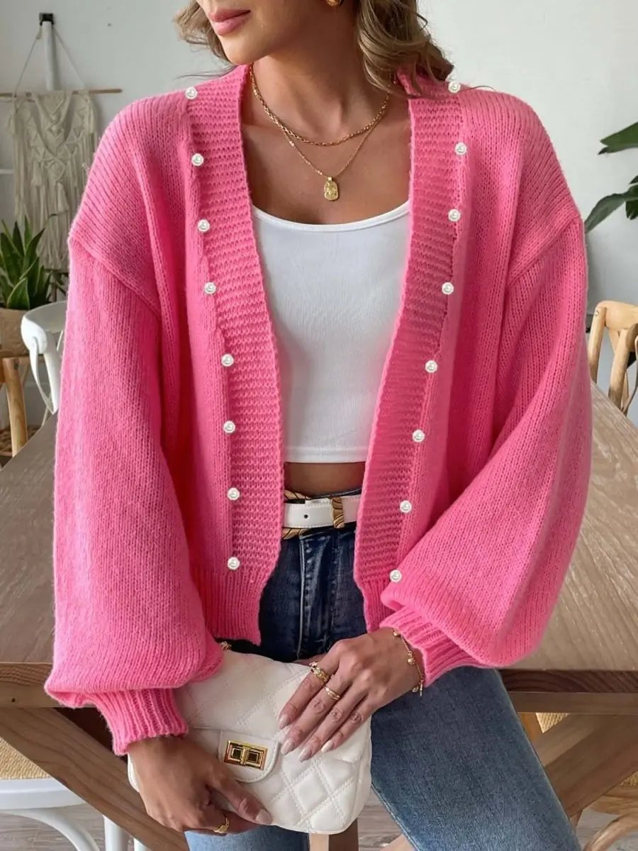 Trendsi Pearl Embellished Cardigan — Soft Knit Open Front