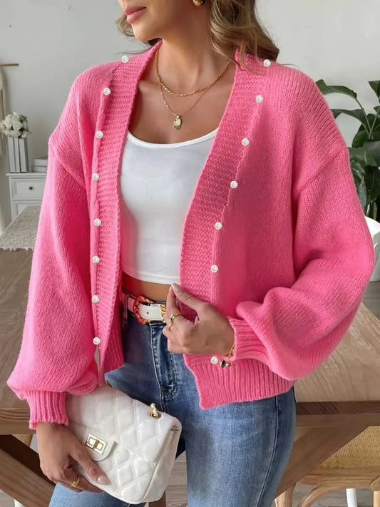 Trendsi Pearl Embellished Cardigan — Soft Knit Open Front