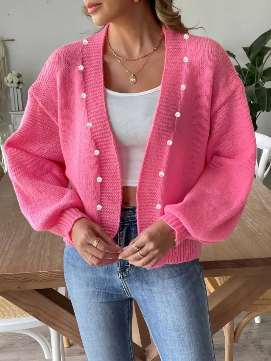 Trendsi Pearl Embellished Cardigan — Soft Knit Open Front