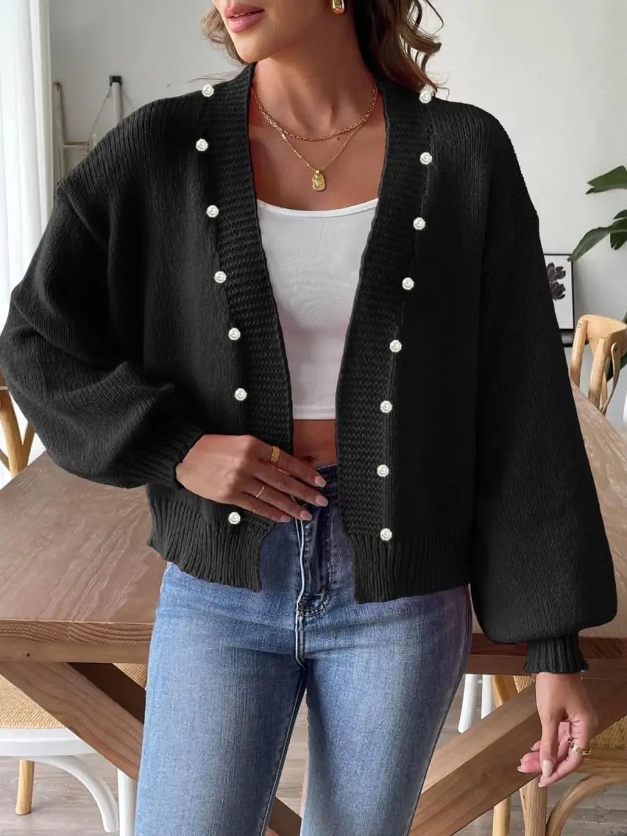 Trendsi Pearl Embellished Cardigan — Soft Knit Open Front