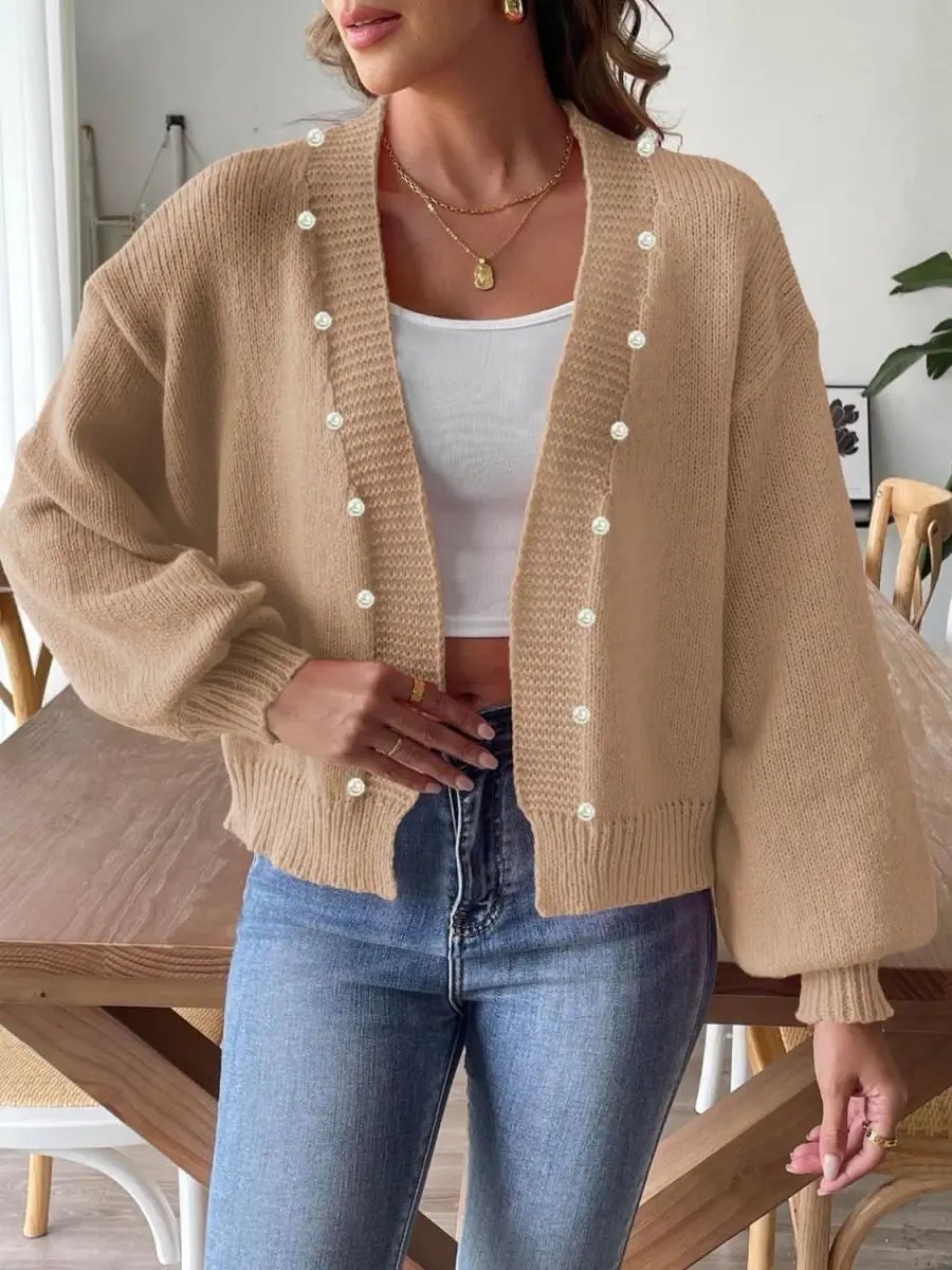 Trendsi Pearl Embellished Cardigan — Soft Knit Open Front