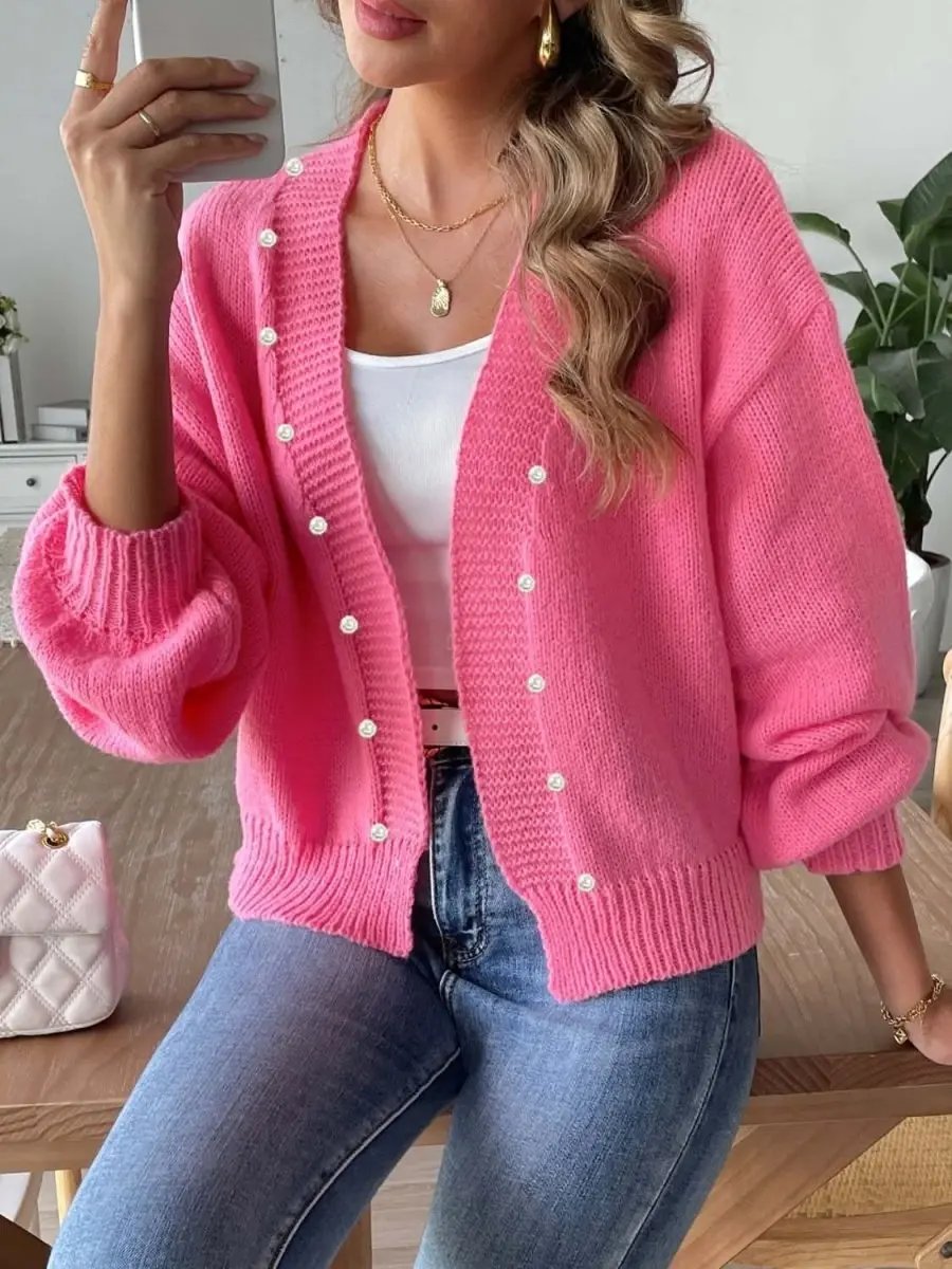 Trendsi Pearl Embellished Cardigan — Soft Knit Open Front