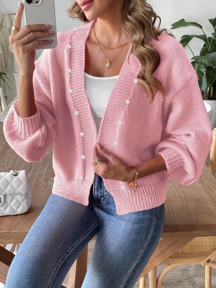 Trendsi Pearl Embellished Cardigan — Soft Knit Open Front