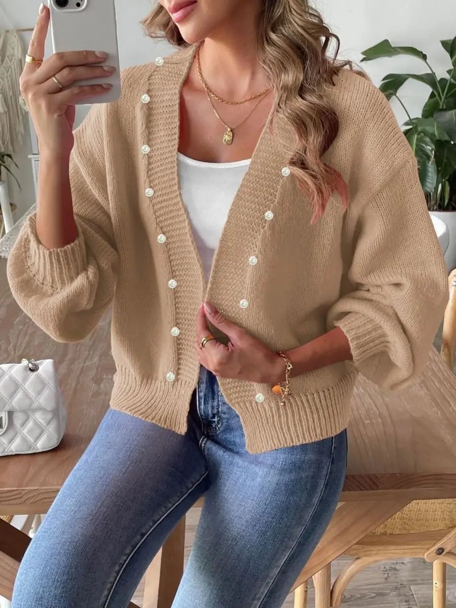 Trendsi Pearl Embellished Cardigan — Soft Knit Open Front