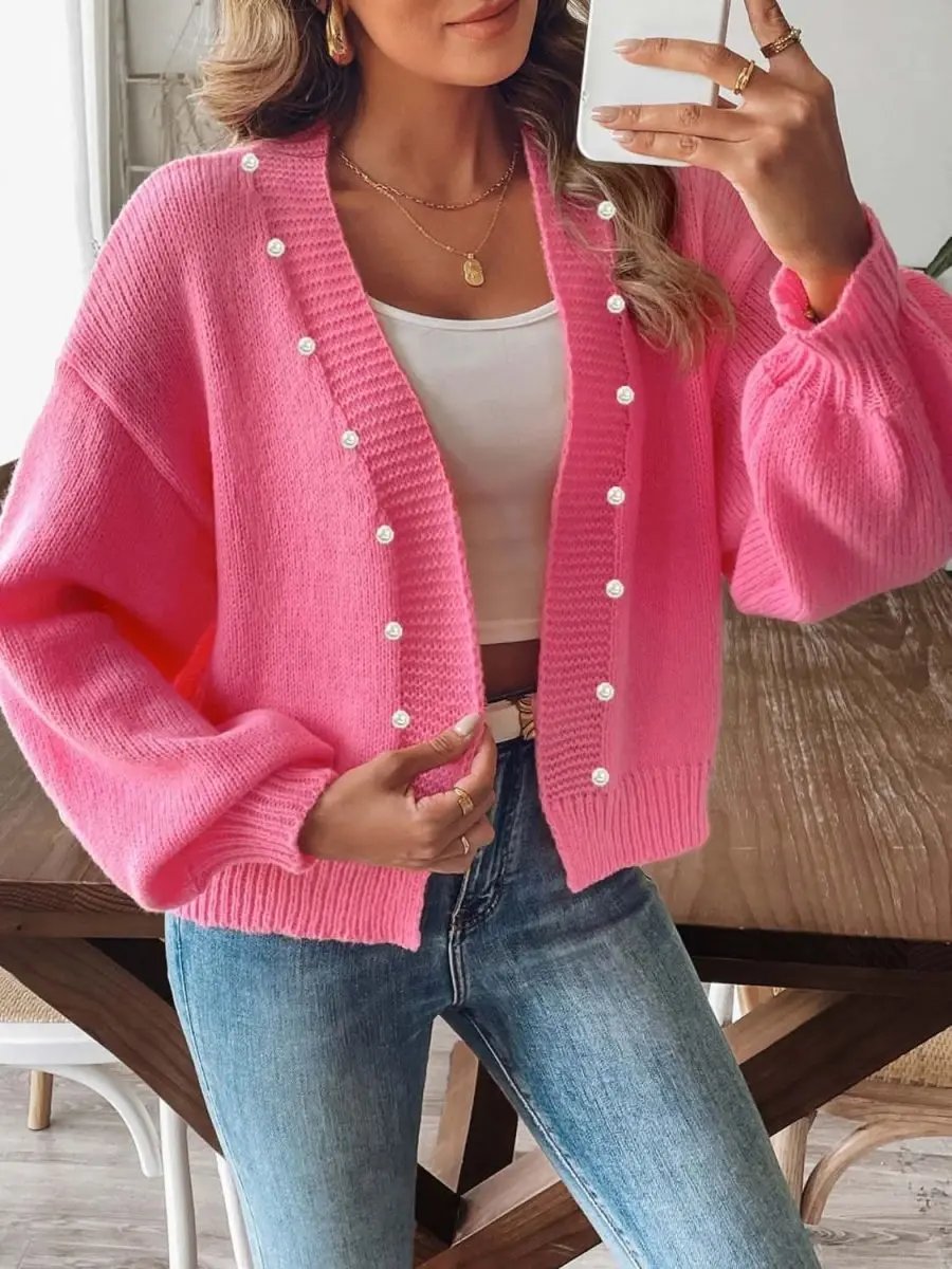 Trendsi Pearl Embellished Cardigan — Soft Knit Open Front