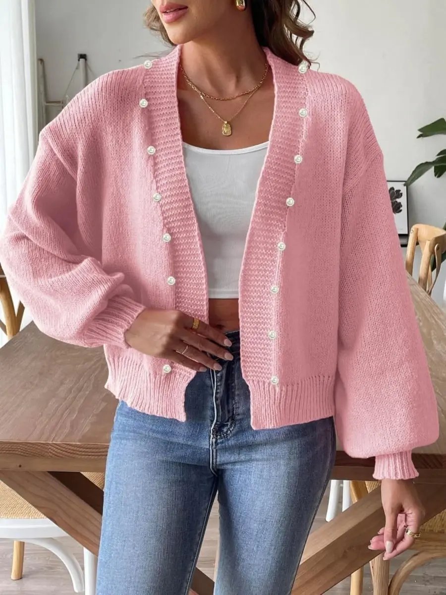Trendsi Pearl Embellished Cardigan — Soft Knit Open Front