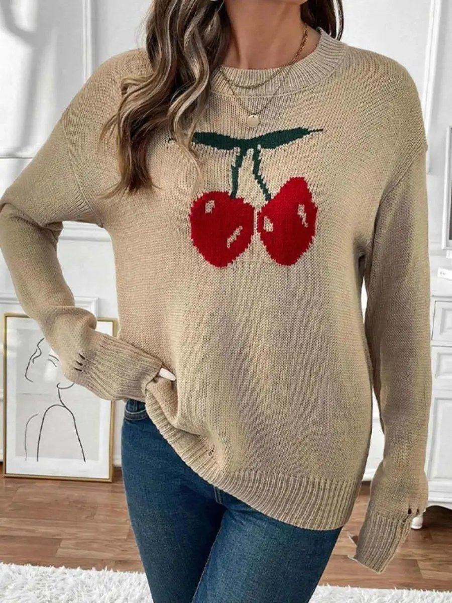 Women's Sweater Cherry Sweater - Round Neck Long Sleeve - Casual