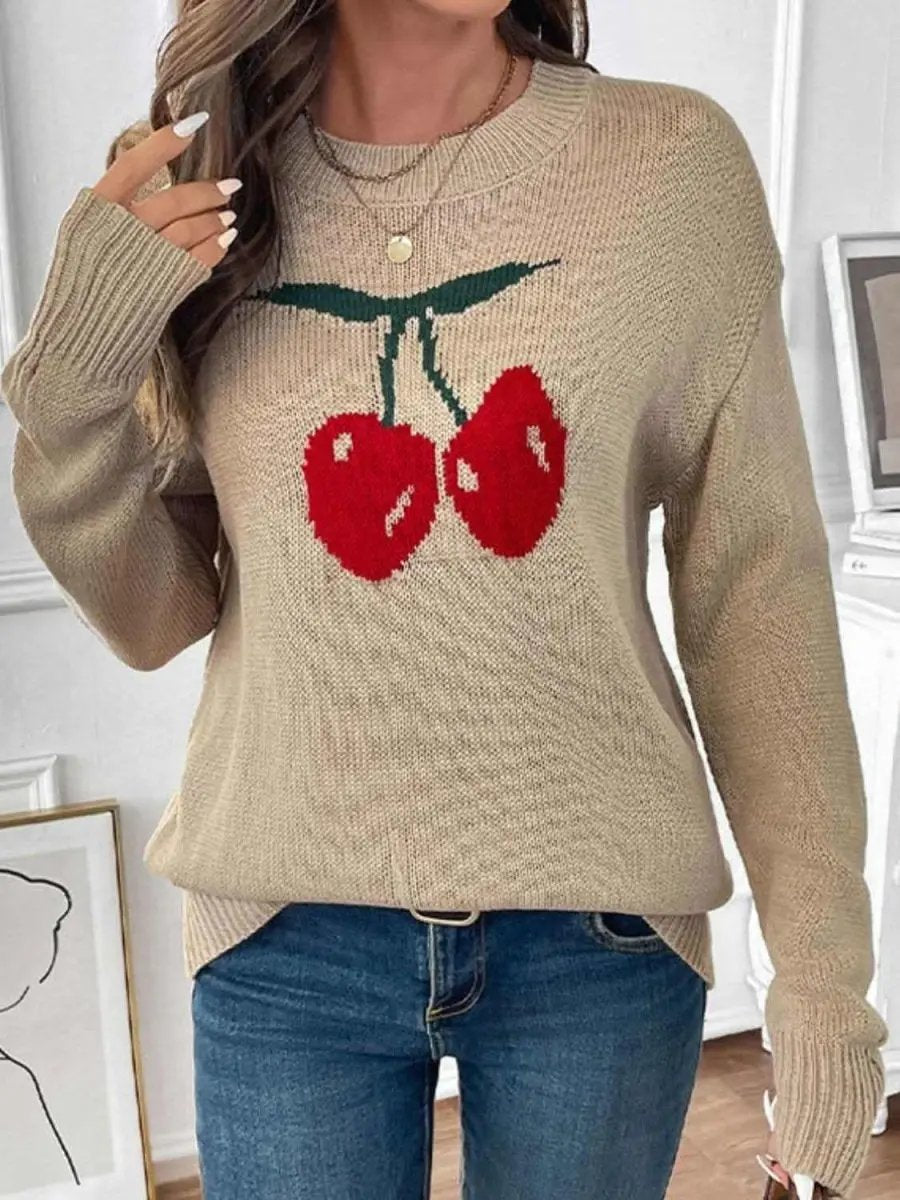 Women's Sweater Cherry Sweater - Round Neck Long Sleeve - Casual
