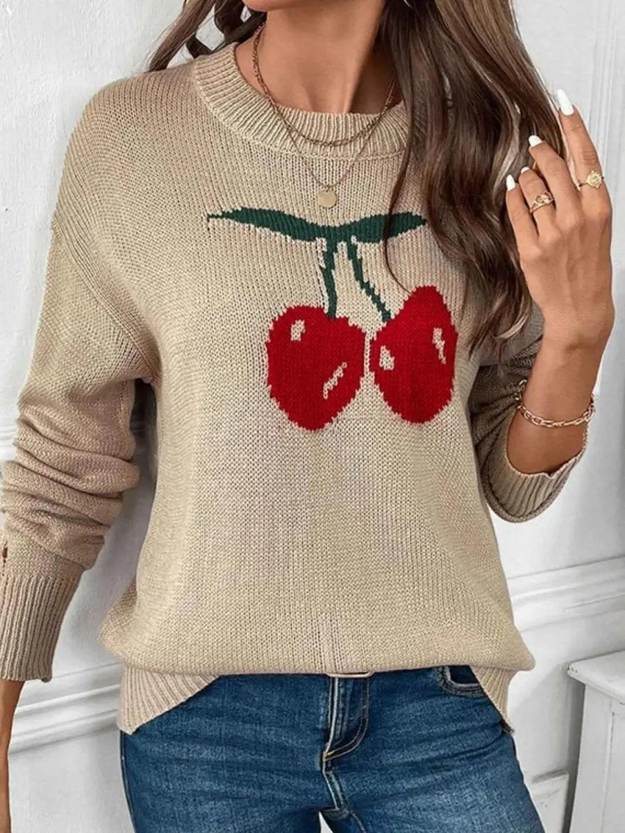 Women's Sweater Cherry Sweater - Round Neck Long Sleeve - Casual
