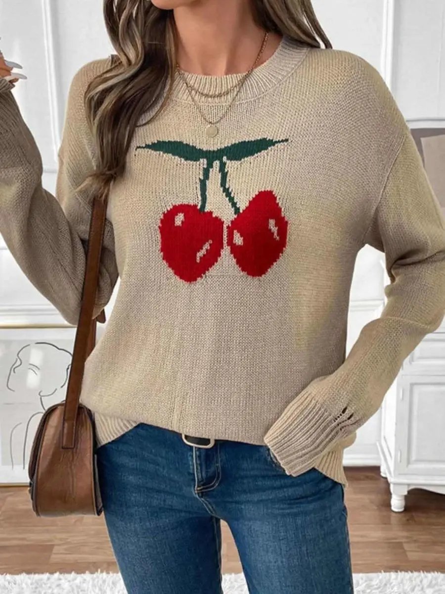Women's Sweater Cherry Sweater - Round Neck Long Sleeve - Casual