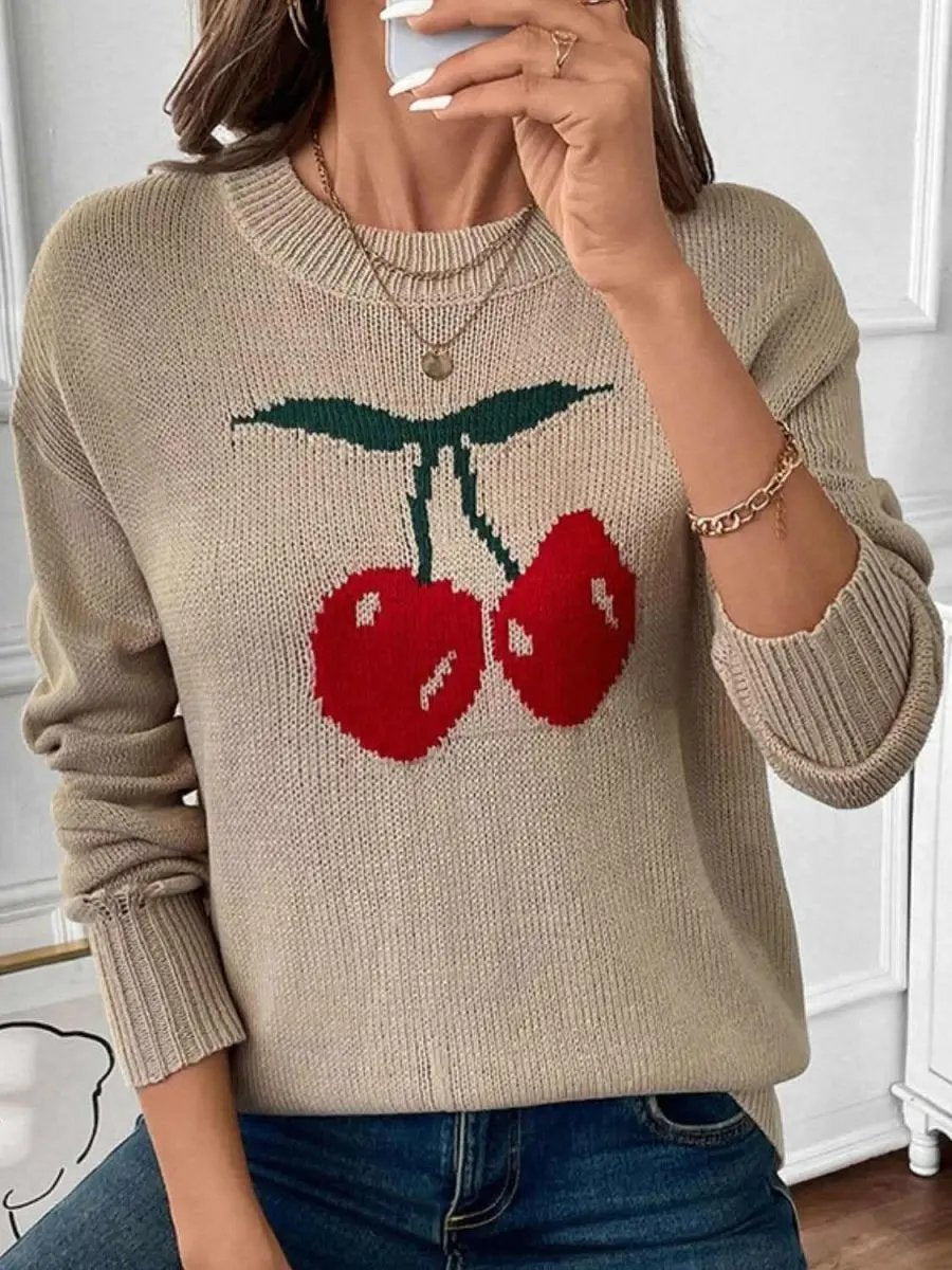 Women's Sweater Cherry Sweater - Round Neck Long Sleeve - Casual