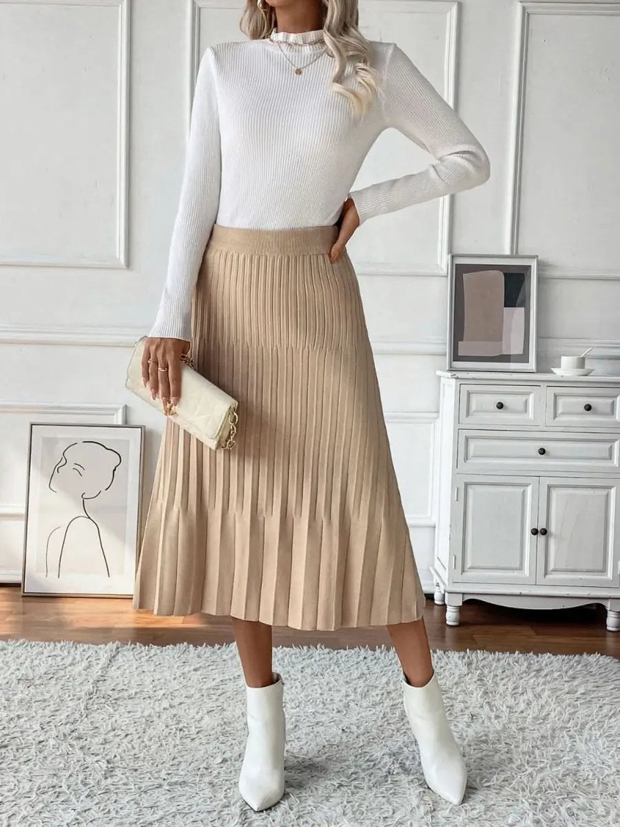 Women's Midi Skirt Pleated Midi Skirt - Comfortable Sweater Knit Style
