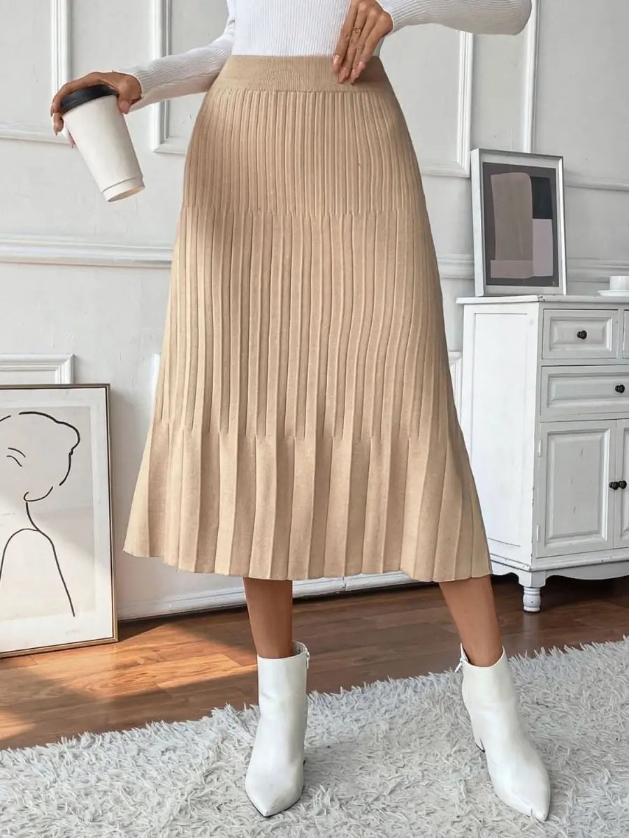 Women's Midi Skirt Pleated Midi Skirt - Comfortable Sweater Knit Style