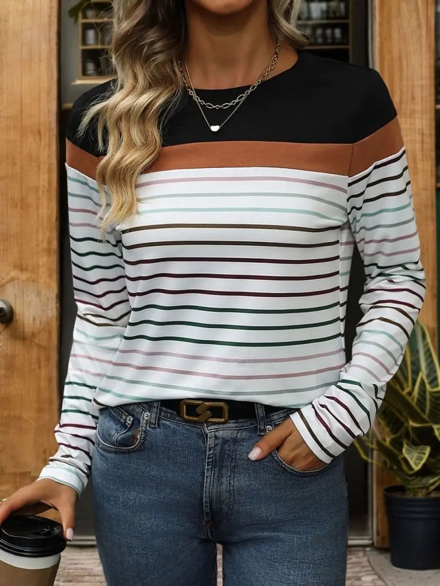 T-Shirts Trendsi Striped Tee Women's Casual Long Sleeve Polyester Shirt - Soft & Stylish
