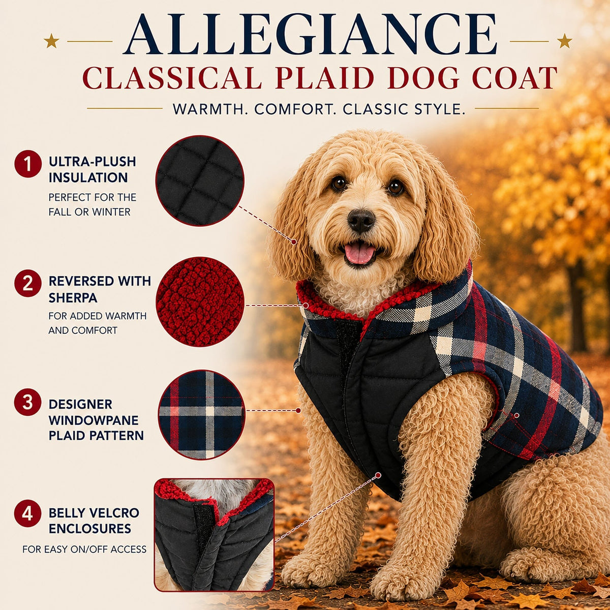 Chaqueta de perro Pet Life® 'Allegiance' de moda clásica a cuadros con aislamiento