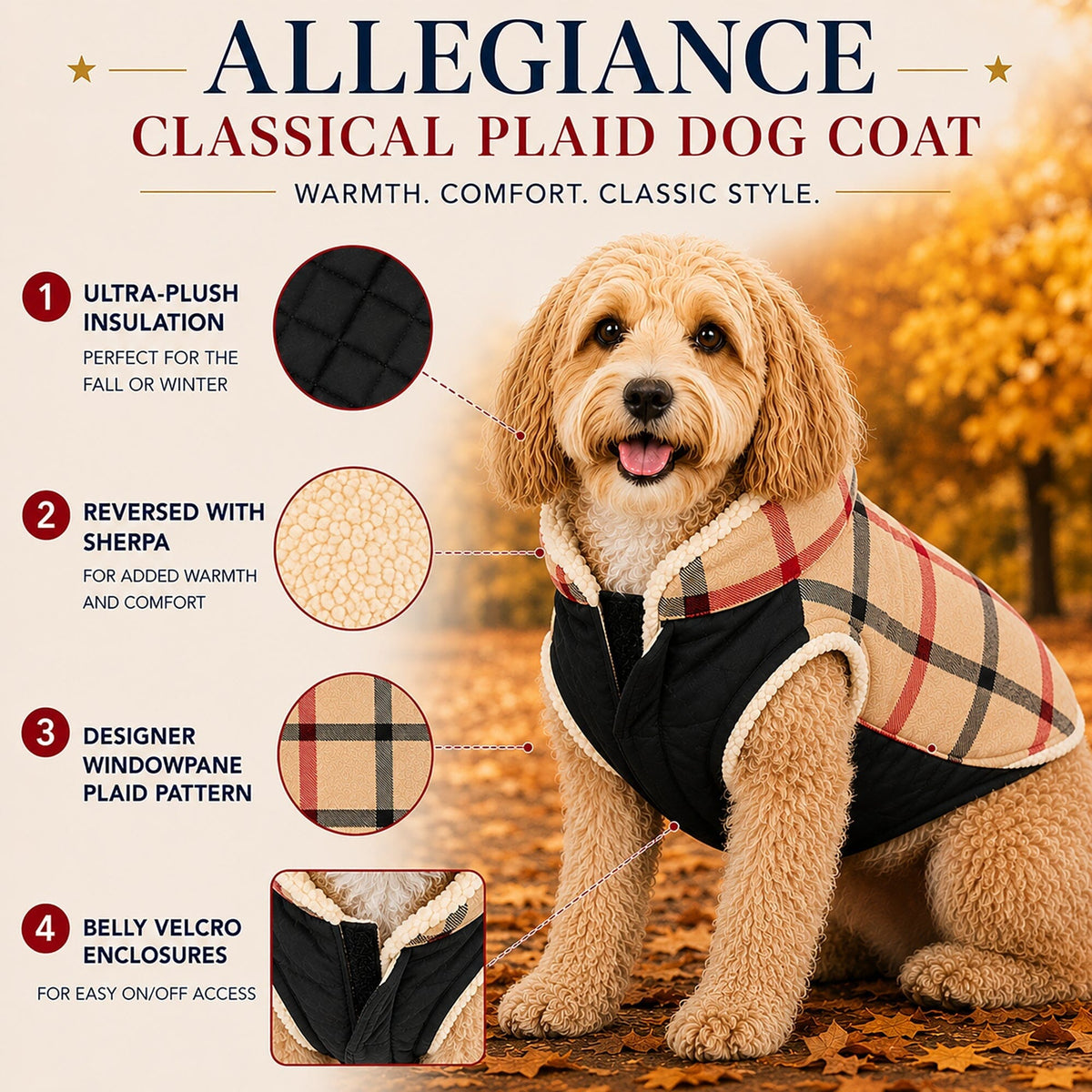 Chaqueta de perro Pet Life® 'Allegiance' de moda clásica a cuadros con aislamiento