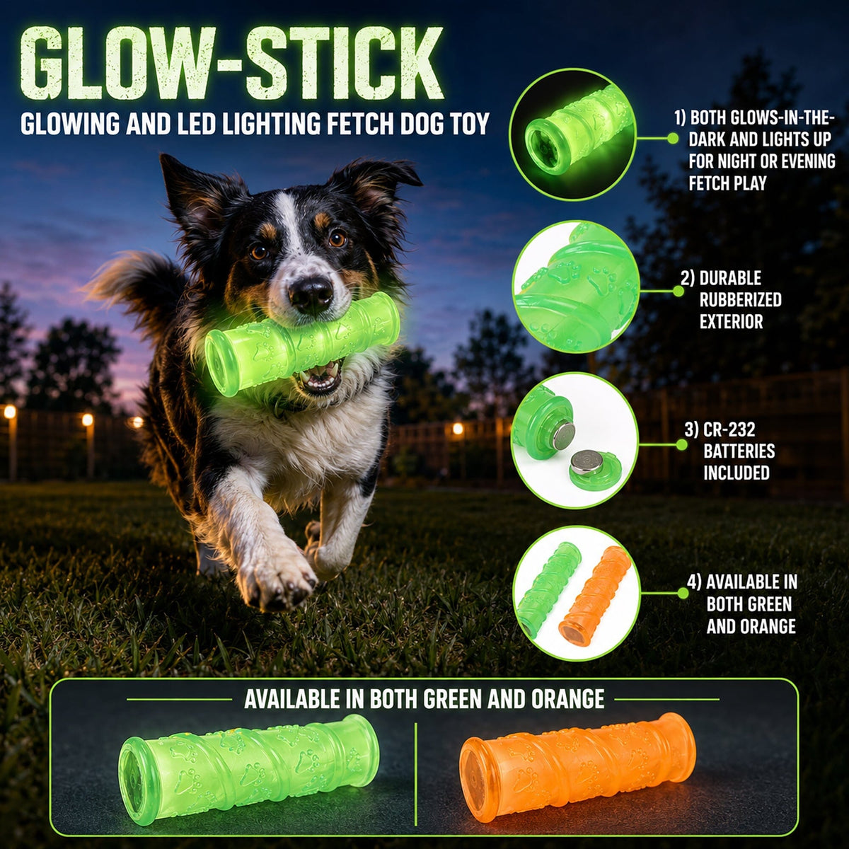 Juguete para perros Pet Life ® 'Glow-Stick' de TPR con luz LED, chirriador y mordedor