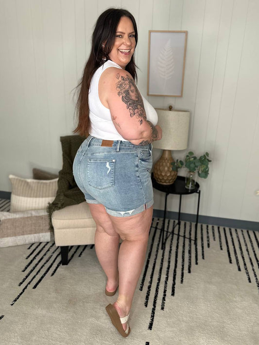 Pantalones cortos Darlene de tiro alto, desgastados y con dobladillo enrollado