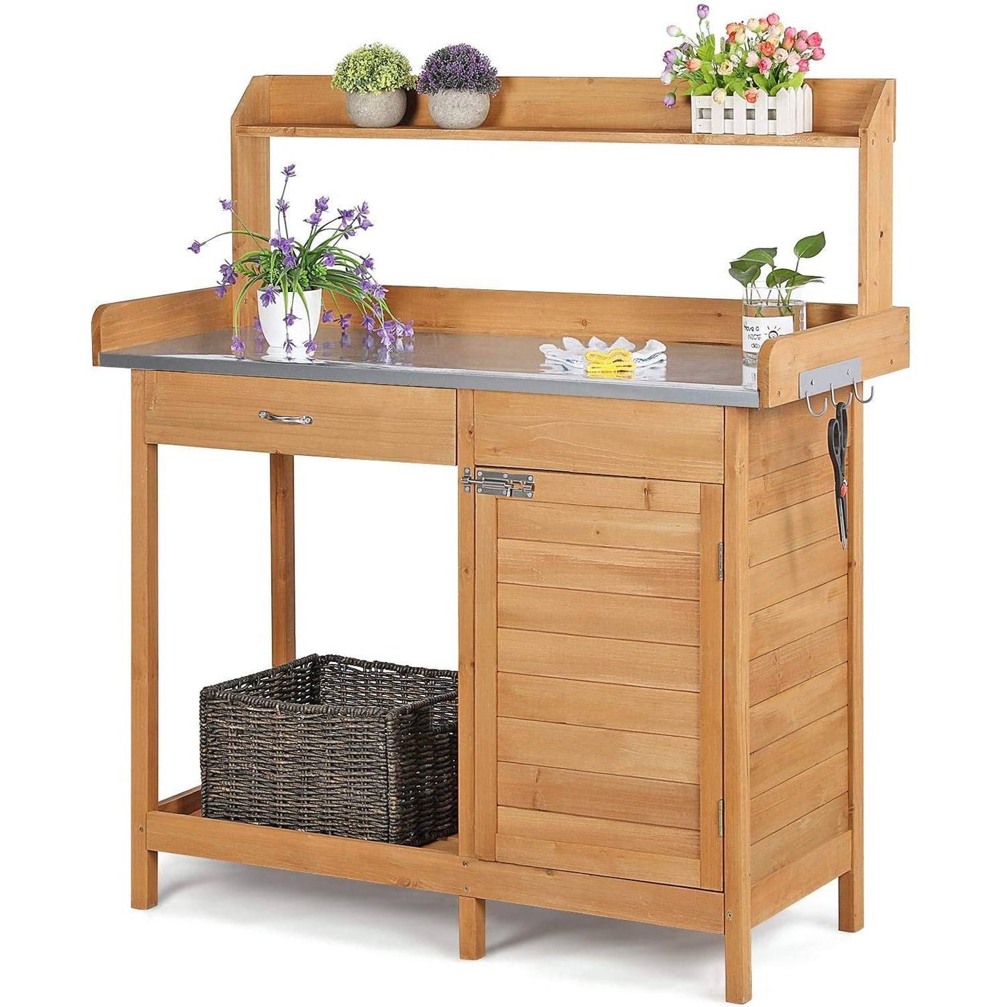 Mesa de trabajo de madera de abeto natural con superficie de acero galvanizado