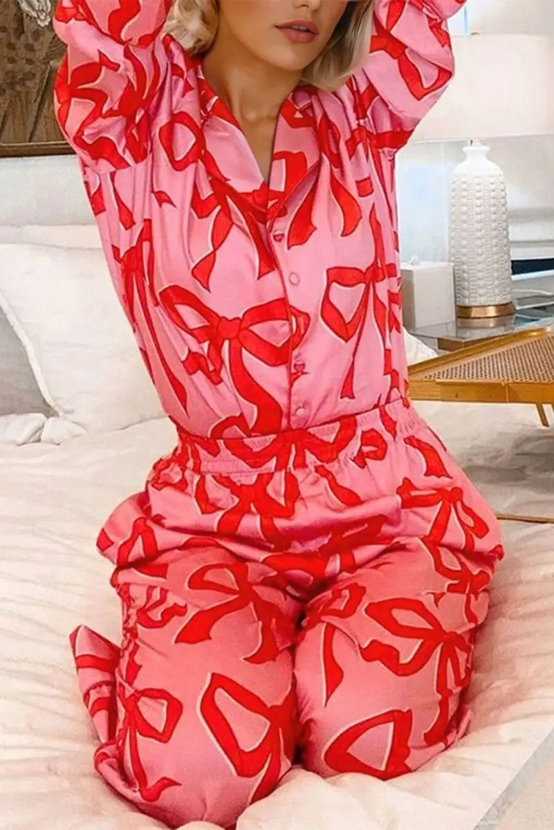 Pants Love Salve Pink Bow Pajama Set Women's Loungewear Southern Belle Style Long Sleeve Sleepwear