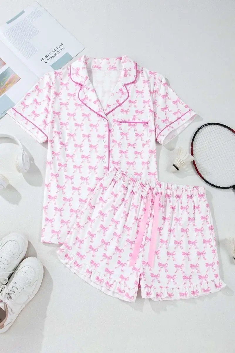 Loungewear & Sleepwear/Sleepwear Love Salve Pink Bowknot Pajama Set Women's Valentine's Sleepwear - Ruffled, Comfortable